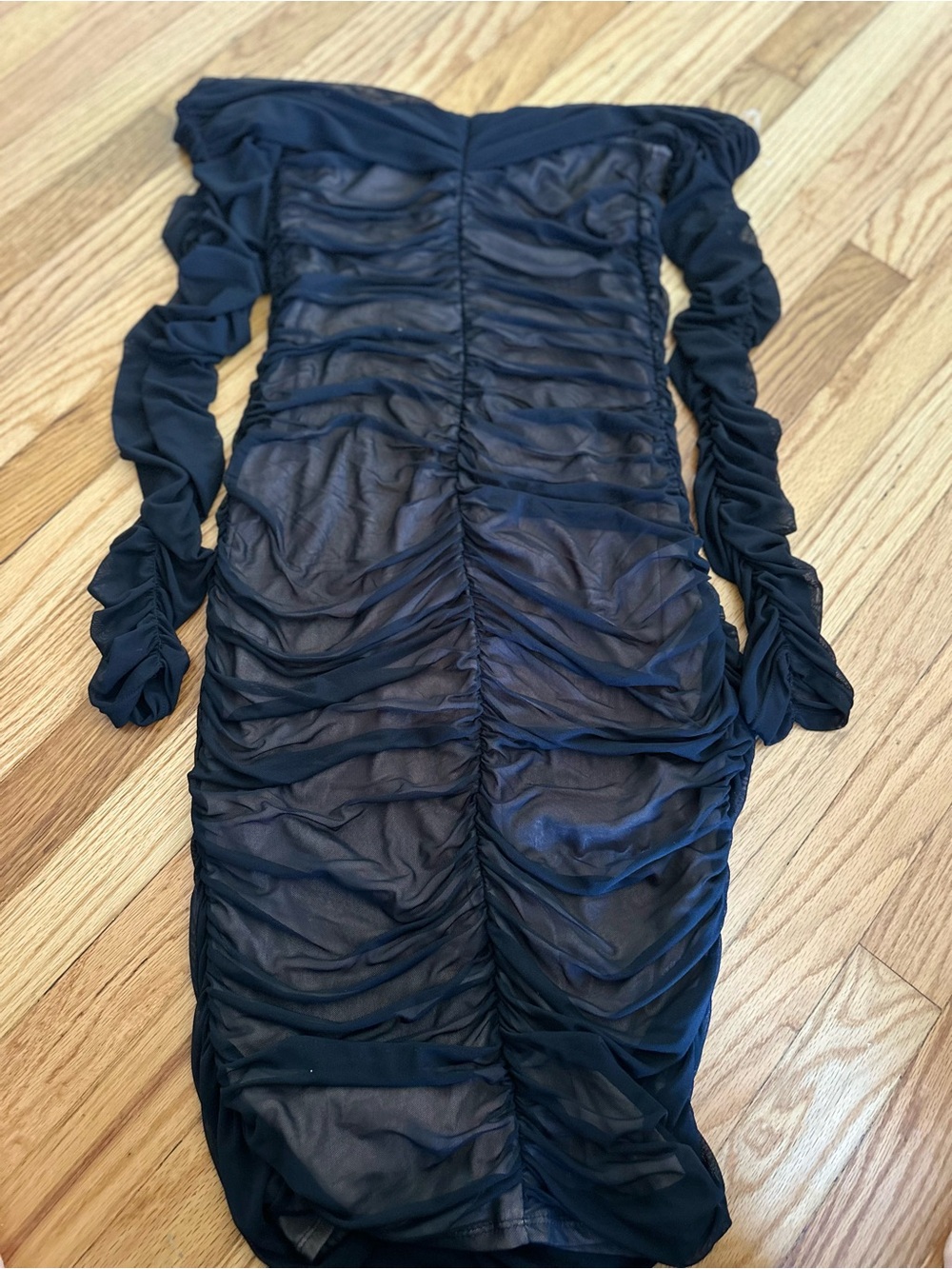Fashion Nova Black Off-Shoulder Ruched Mesh Bodycon Dress - Picture 2 of 2